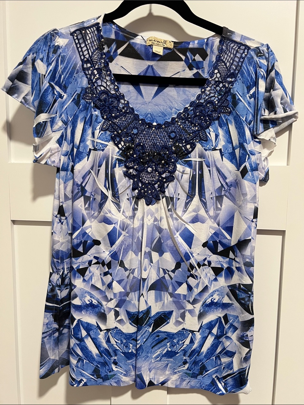 ONE WORLD Blue Crochet-Trim Geometric V-Neck Tunic